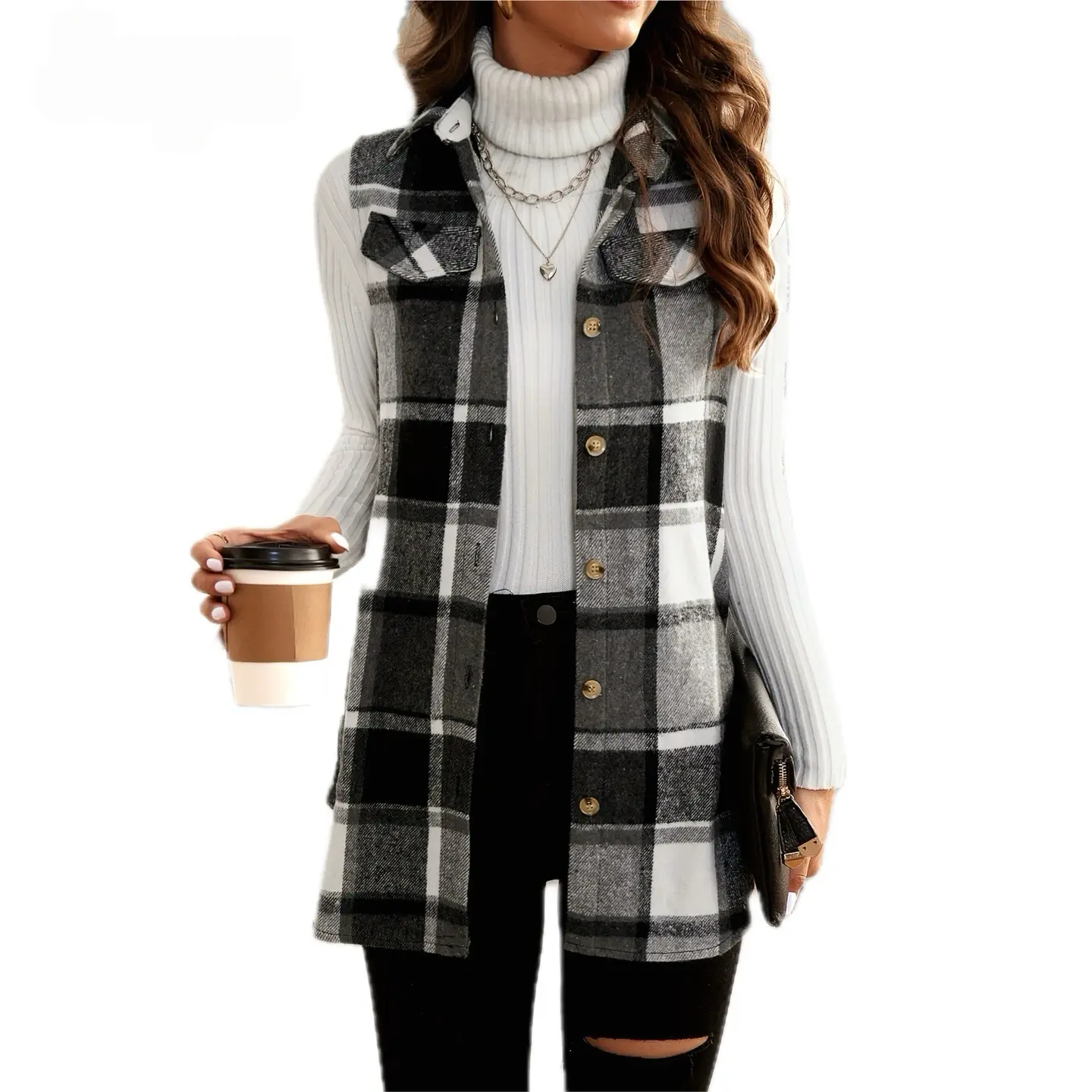 Women's Plaid Blazer Vest - Longline Sleeveless Button-Down with Pockets, Soft Lightweight Relaxed Fit Breathable Fabric, Elegant Korean Style for Business Casual Everyday Wear, Checkered Mock Neck Top Pairable with Jeans Leggings Sweaters