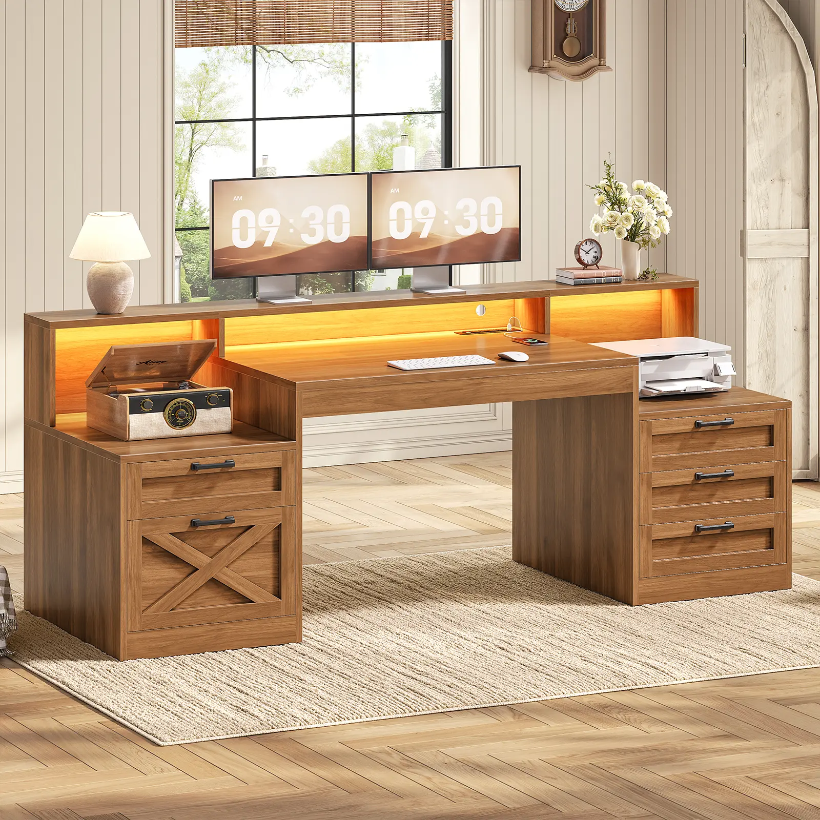 SEDETA 63" Farmhouse Executive Office Desk - Wood Frame Large Computer Desk with 5 Drawers, RGB LEDs, Monitor Stand, 2 Printer Stands, Power Outlet, Home Office Table