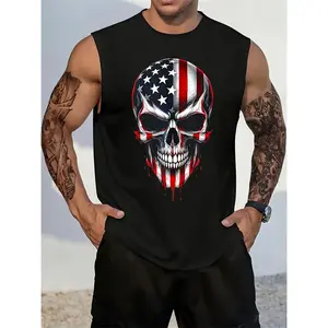 Men's Patriotic Skull Tank Top - American Flag Design, Lightweight & Breathable Cotton Blend, Perfect for 4th of July, Halloween, Beach, and Sports, Round Neck Sleeveless Shirt, Heat Transfer Printed, Casual Style, Skull American Flag Clothing