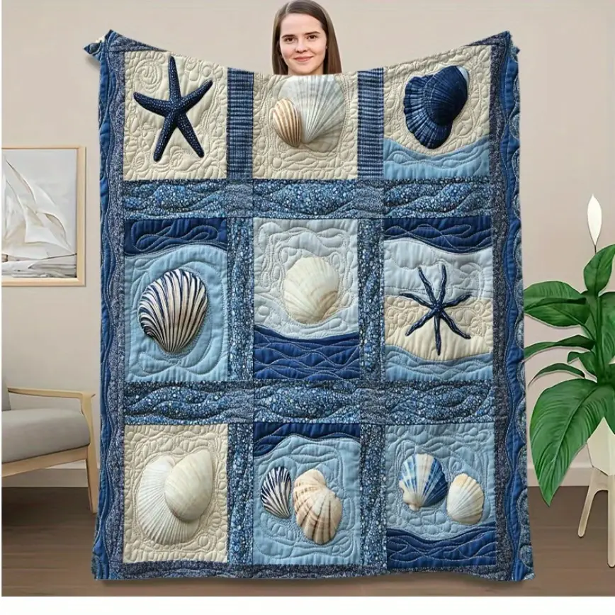 Vintage Nautical Flannel Throw Blanket, Starfish-Seashell Patchwork Soft Sofa-Bed Blanket, Coastal Aesthetic Beach House Garden Decor Gift for Beach Lovers All-Season