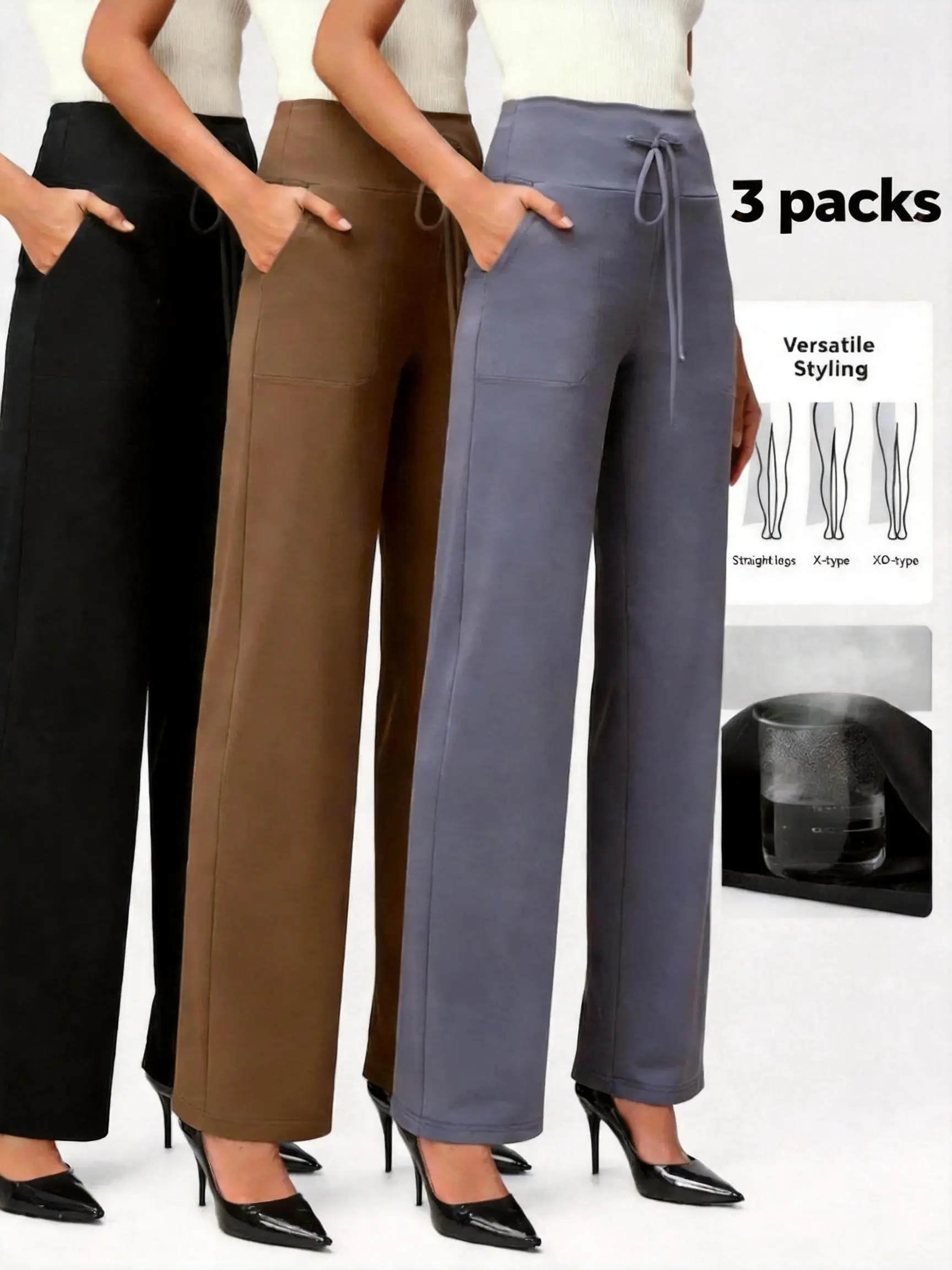 NunuFlex Women's 3-Pack Wide Leg Loungewear Bottoms - Basic, Breathable, Soft Stretch Loose All-Season Below-Ankle Pajama Pants for Casual Indoor-Outdoor Use