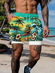 Island Vacation Style Tropical Surf Pineapple Print Dual Layer Gym Shorts, Casual Slim-Fitting Graphic Shorts for Men