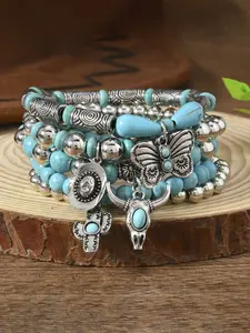 Western Cowboy Vintage Blue Turquoise Elastic Bracelet Set, Bohemian Casual Style, Adjustable Metal Jeans Decor, Women's Daily Wear Jewelry