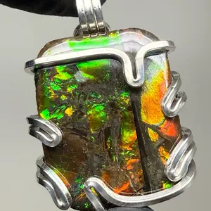 Rare Large Superb Ammolite Sterling Silver Pendant Unique Artisan Crafted Design with Vibrant Multicolor Gemstone and Gold Wire Wrapping