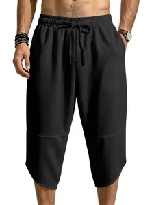 Premium Waffle Knit Cropped Sweatpants - Men's Relaxed Fit Wide Leg Capri Joggers with Curved Hem Drawstring Lounge Pants
