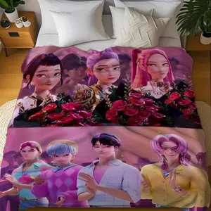 K-POP DEMON HUNTERS with Roses Flannel Blanket - Soft Flannel, Four Seasons Comfortable Sofa and Bed Decor, Ideal Gift for Friends, Peace and Nature Pattern Art Design, Easter Home Decoration
