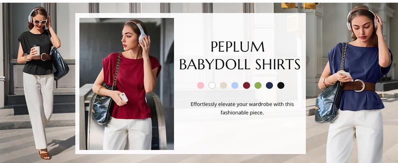Cicy Bell Womens Peplum Tops Summer Babydoll Cap Sleeve T-Shirts Dressy Casual Crew Neck Pleated Blouses for Business Wear & Summer Outings