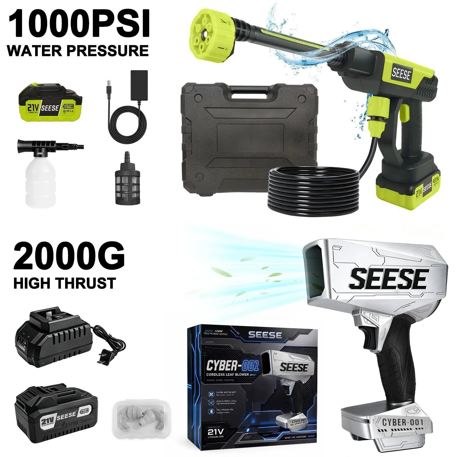 【DealsForYouDays】SEESE 21V Cordless Car Cleaning Kit with 1000 PSI Pressure Washer & 2000G Turbo Leaf Blower | Portable Power Washer and Air Duster for Car Washing, Drying, Patio & Garden | Fathers Day Gift