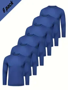 Men's 6-Piece Solid Long Sleeve Tight Fit Shirts, Quick-Dry Breathable Stretchy, Spring & Fall Casual Innerwear, Gym Training Daily Wear, Athletic Training Apparel, Workout Clothes