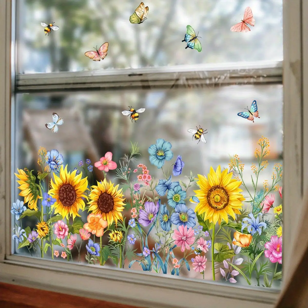 Flower Pattern Design Window Sticker, Removable Self-adhesive Window Decal, Sunflower Pattern Window Sticker, Home Office Window Decor