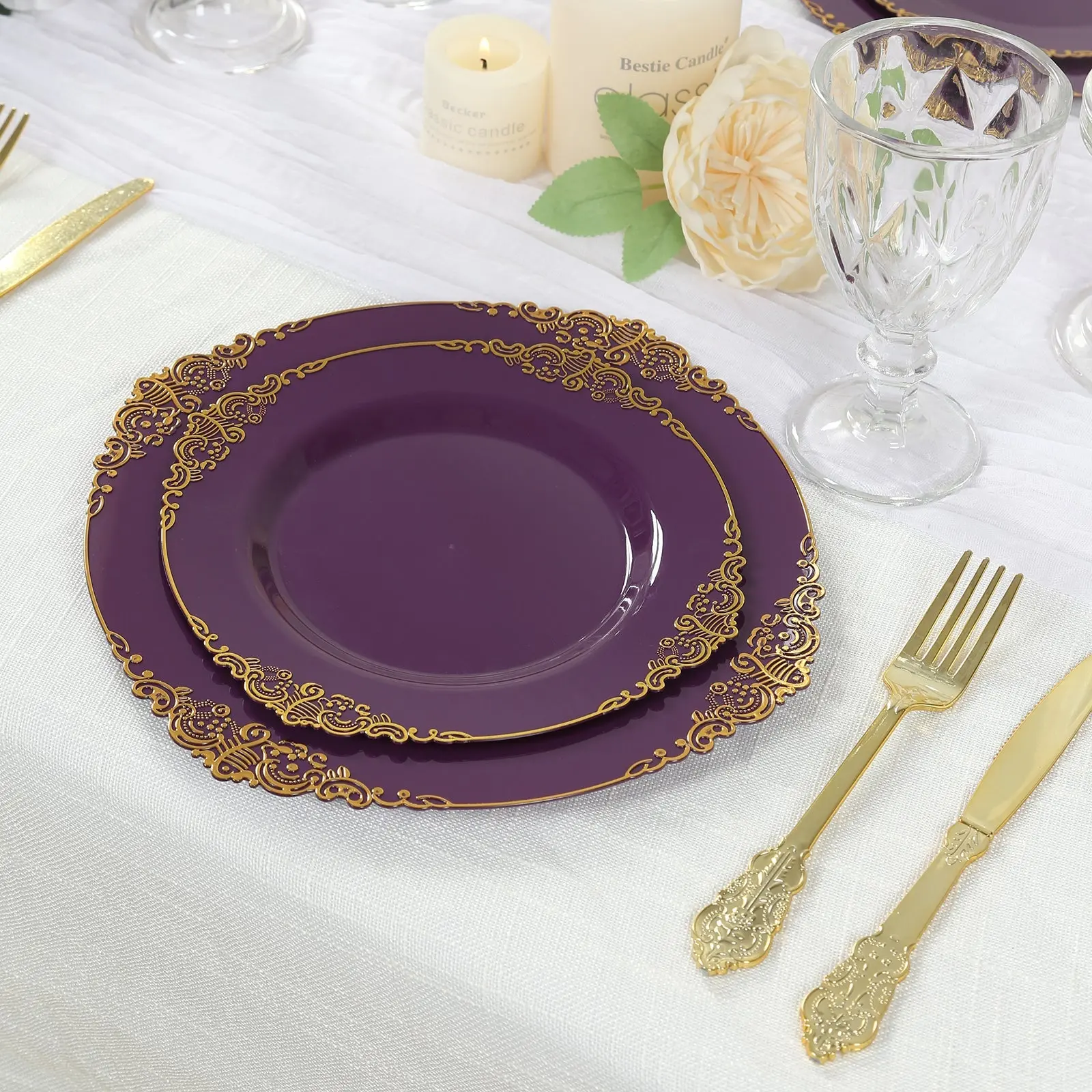 Plastic 10-Pack 8" Round Disposable Dessert Plates - Purple with Gold Leaf Embossed Rim, Vintage Baroque Style, for Wedding & Salad Use