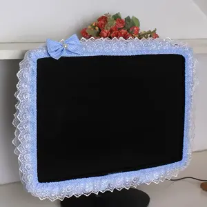 Lace Fabric Computer Frame Cover Monitor Screen Dust Cover with Elastic Pen Pocket Bow Home Decorations NONE