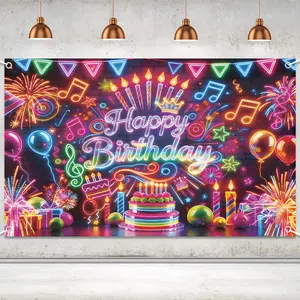 Uflashmi Neon Happy Birthday Backdrop Banner, 6 X 3.6 Ft Glow In The Dark Happy Birthday Backdrop, Party Background Decorations for Neon Glow Party, Disco Party, Birthday Decorations