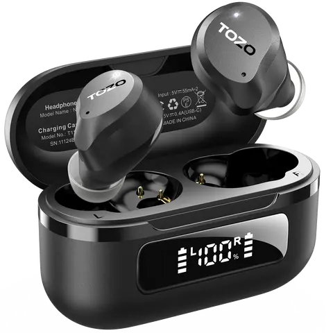TOZO 2024 NC9 Wireless Earbuds - Hybrid Active Noise Cancellation Headphones, ENC Microphone, IPX8 Waterproof, Bluetooth 5.3, Deep Bass, Cool Gadgets, Dark Black, Charging Case, Father's Day Electronic Gift, Earbuds Wireless