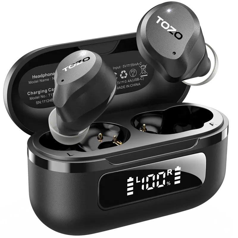 TOZO 2024 NC9 Wireless Earbuds - Hybrid Active Noise Cancellation Headphones, ENC Microphone, IPX8 Waterproof, Bluetooth 5.3, Deep Bass, Cool Gadgets, Dark Black, Charging Case, Father's Day Electronic Gift, Earbuds Wireless