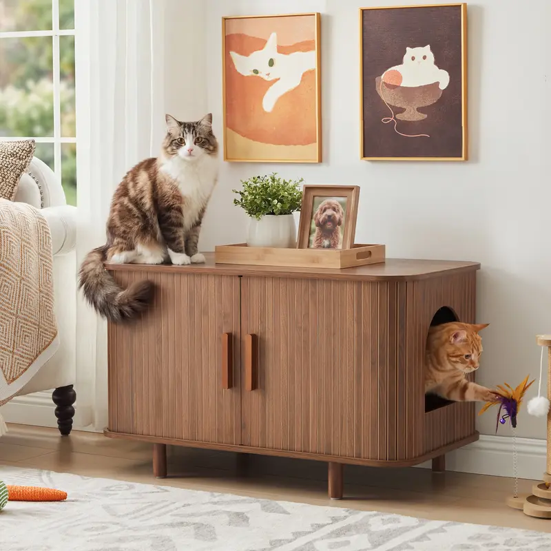 Timberer Cat Litter Box Enclosure Furniture - Modern Greige Wooden Cabinet Hides Litter Box & Odors