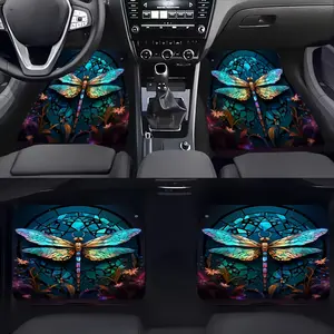 4pcs Dragonfly Pattern Printed Car Floor Mats - Universal Front And Rear Full Coverage Interior Decoration Additions, Car Interior Accessory, Suitable for Sedans, Vans, And Suvs, Car Accessories