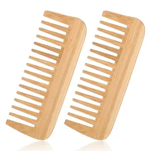 2 PCS Bamboo Wide Tooth Comb, Wooden Wide Toothed Combs Large Hair Detangling Comb No Handle Detangler Combs Prevents Tangle & Anti Static for Curly, Straight, Wavy, Long, Thick Hair for Men or Women
