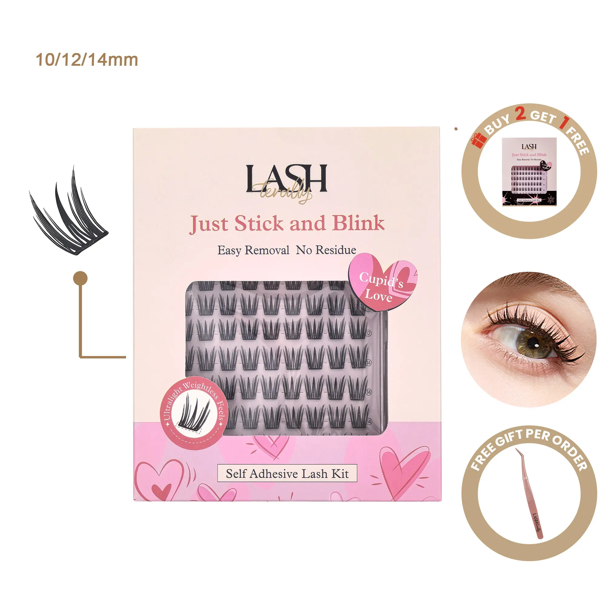 Lashterally Cupid's Love Self-adhesive Lash Cluster Kit, 90 Pcs D Curl Reusable Cosmetic Lashes, 10-14mm Mixed Lengths, Ultra Lightweight for Sensitive Eyes
