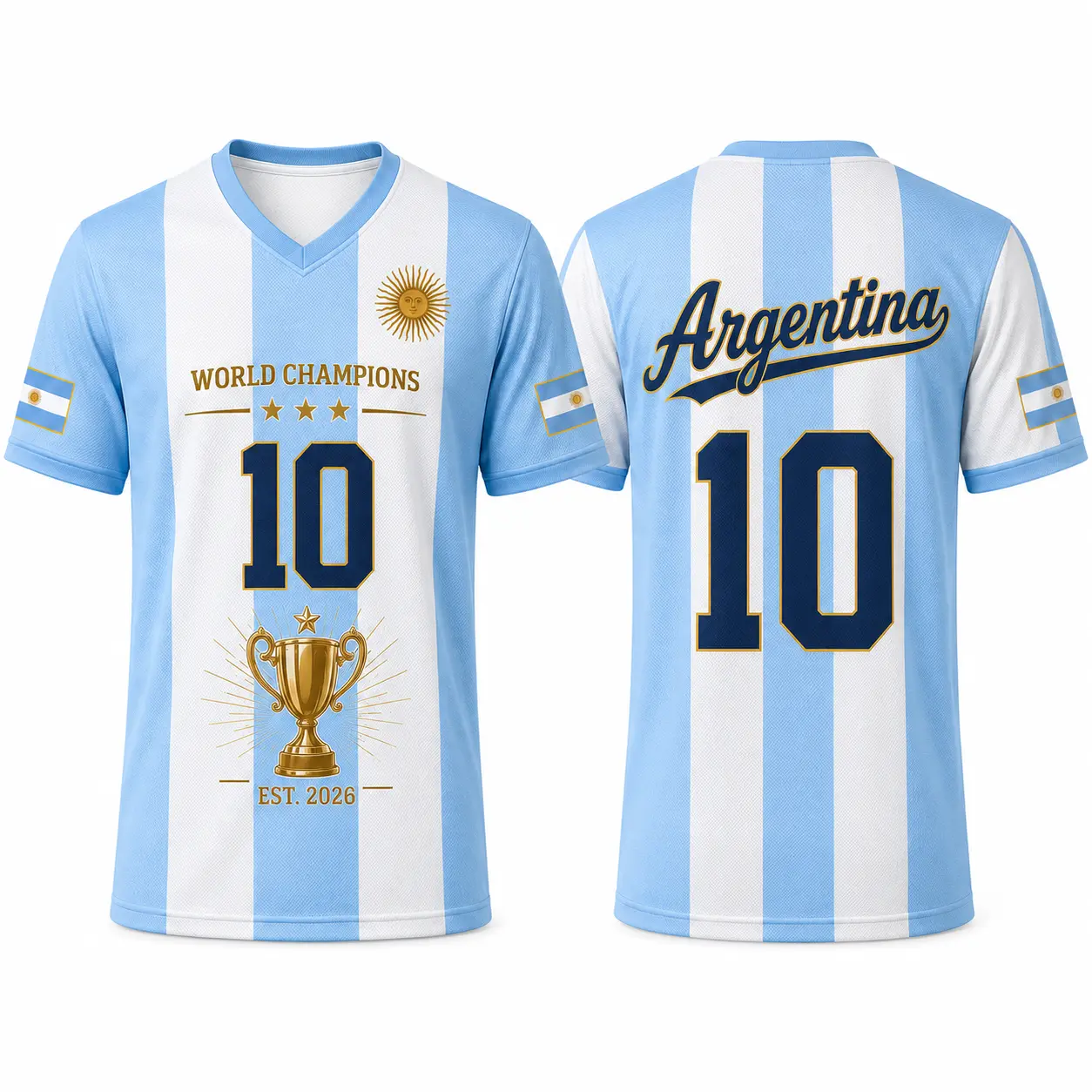 Argentina-Inspired V-Neck Sports Shirt for Men Women, Sky Blue White Striped Soccer Style Athletic Tee, Original Fan Apparel Short Sleeve Top with Sun Trophy Graphic for Game Day, Travel, Casual Wear