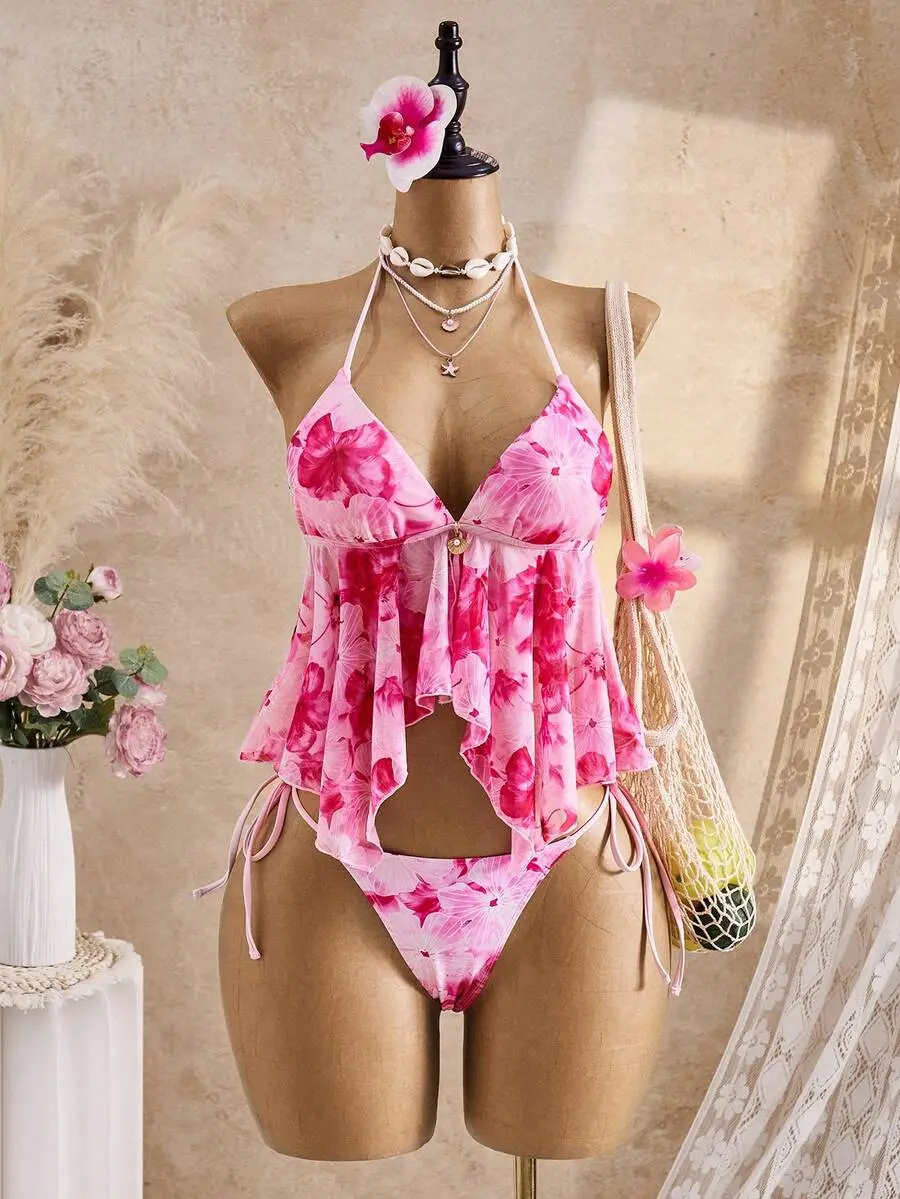 MUVA Summer Pink Floral Spaghetti Strap Mesh Flowing Camisole Bikini 2 Pieces Set Women's Swimwear,Boho Holiday Vacation Beach Cruise Tropical Road Trip