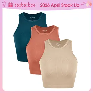 ODODOS 3-Pack Seamless Crop Tank for Women Ribbed Soft High Neck Cropped Tight-fitting Tops Fit Cute,No Padding