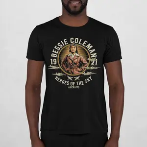 DEMARCIANO Men's Short-Sleeve Round Neck Graphic T-Shirt - Made-to-Order Menswear, Aviator Theme All-Seasons Top, Black Bessie Coleman American History Tribute, Casual Fit Streetwear, Men's Tshirts, Tshirt, Men's T Shirts