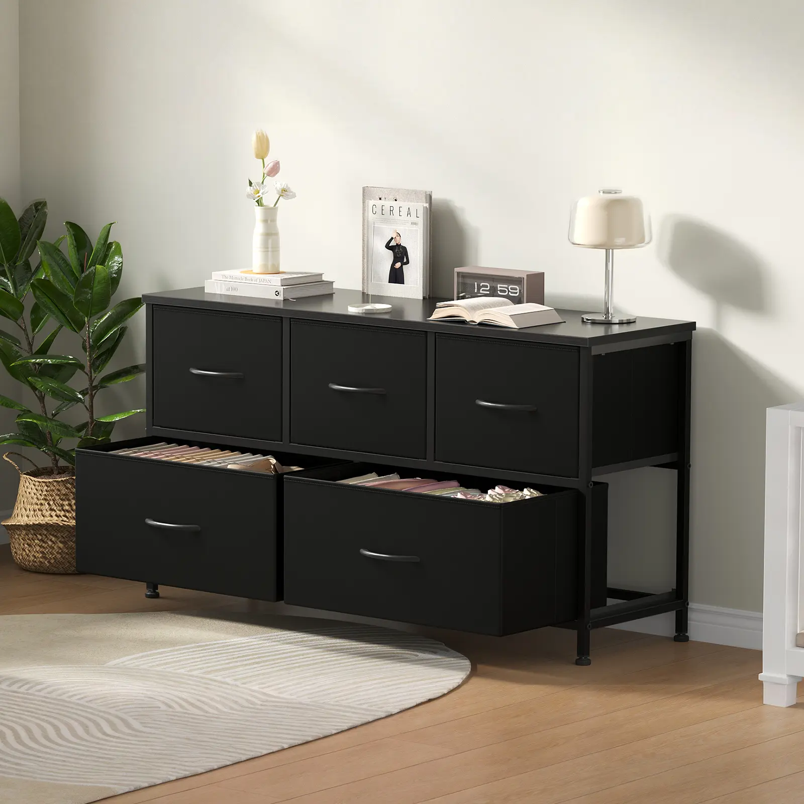 5-Drawer Fabric Storage Tower Dresser, Solid, Stable, Multifunctional Cupboard Cabinet with Fabric Bins, Apartment Furniture for Bedroom Closet Organization, Entryway Use, Room Accessories, Aesthetic Decor, Living Room Decorations