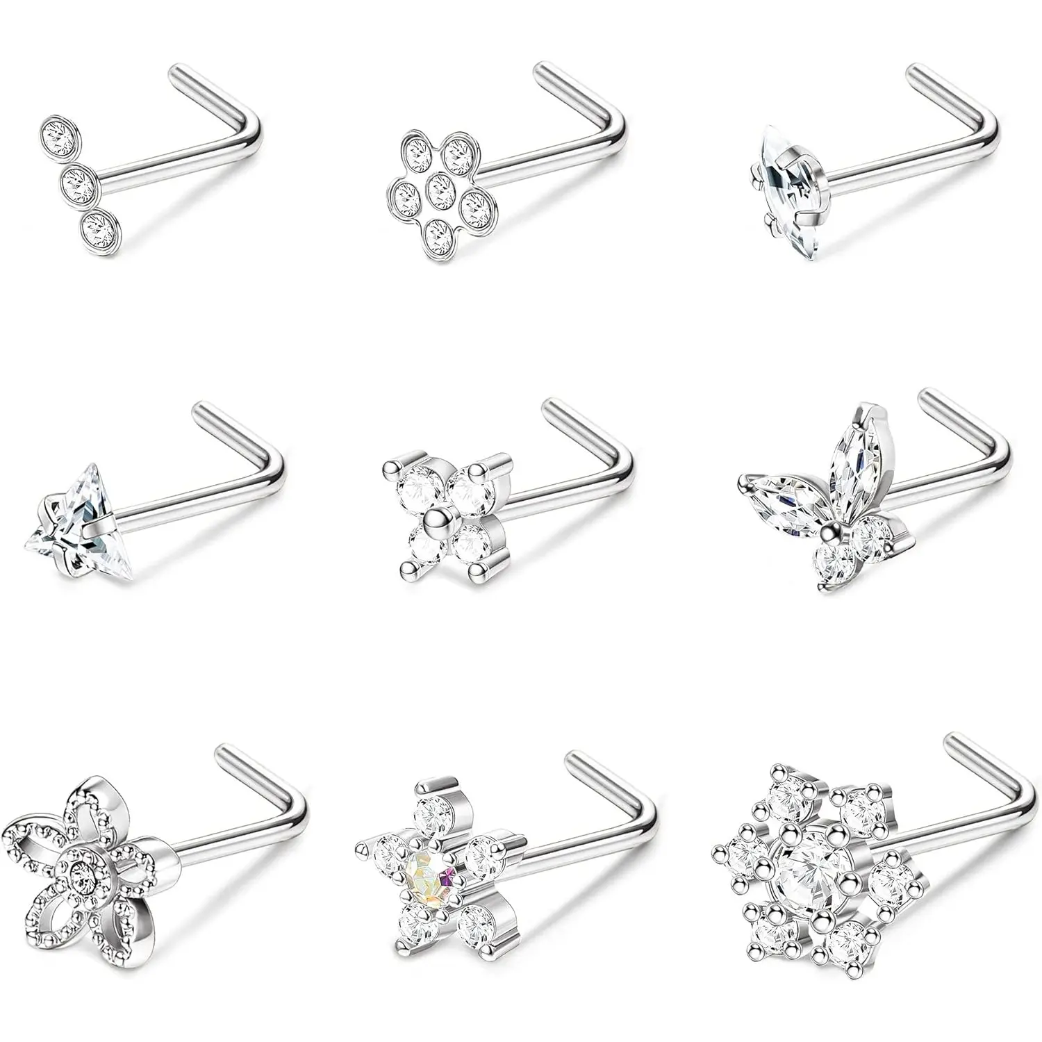 Milacolato 9-Piece 20G Hypoallergenic Surgical Steel L-Shaped Nose Piercings Set, 7mm Geometric CZ Snowflake Star, Triple Linear Gem Ball Round CZ Nose Studs Body Jewelry, Nose Ring Jewelry