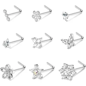 MILACOLATO 9Pcs 20G Nose Rings Studs with Big Bling CZ Snowflake Star Top Surgical Steel L-Shaped Nose Studs Triple Linear Gem Ball Round Diamond CZ Nose Piercing Jewelry 7mm