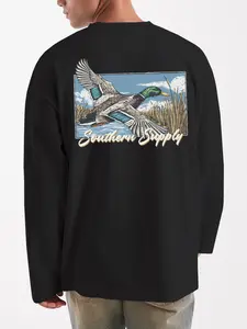 Men's Regular Fit Barbour International Print Long Sleeve Tee, Casual Comfy T-shirt for Spring & Fall, Men's Top for Daily Wear