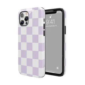 Fashionable Light Purple Checkered Pattern  for Iphone 17, 17 Pro, 16 Pro Max, 15 Pro, 13, 11, 12, XS, 8 Plus, And 7,2-In-1 Design