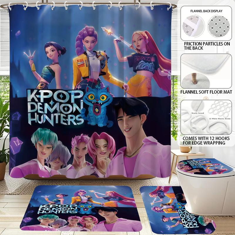 K-POP Demon Hunters Bathroom Set, Shower Curtain with Hooks, Non-Slip Bath Rug, U-Shaped Toilet Mat, Toilet Lid Cover, Bathroom Decoration Accessories