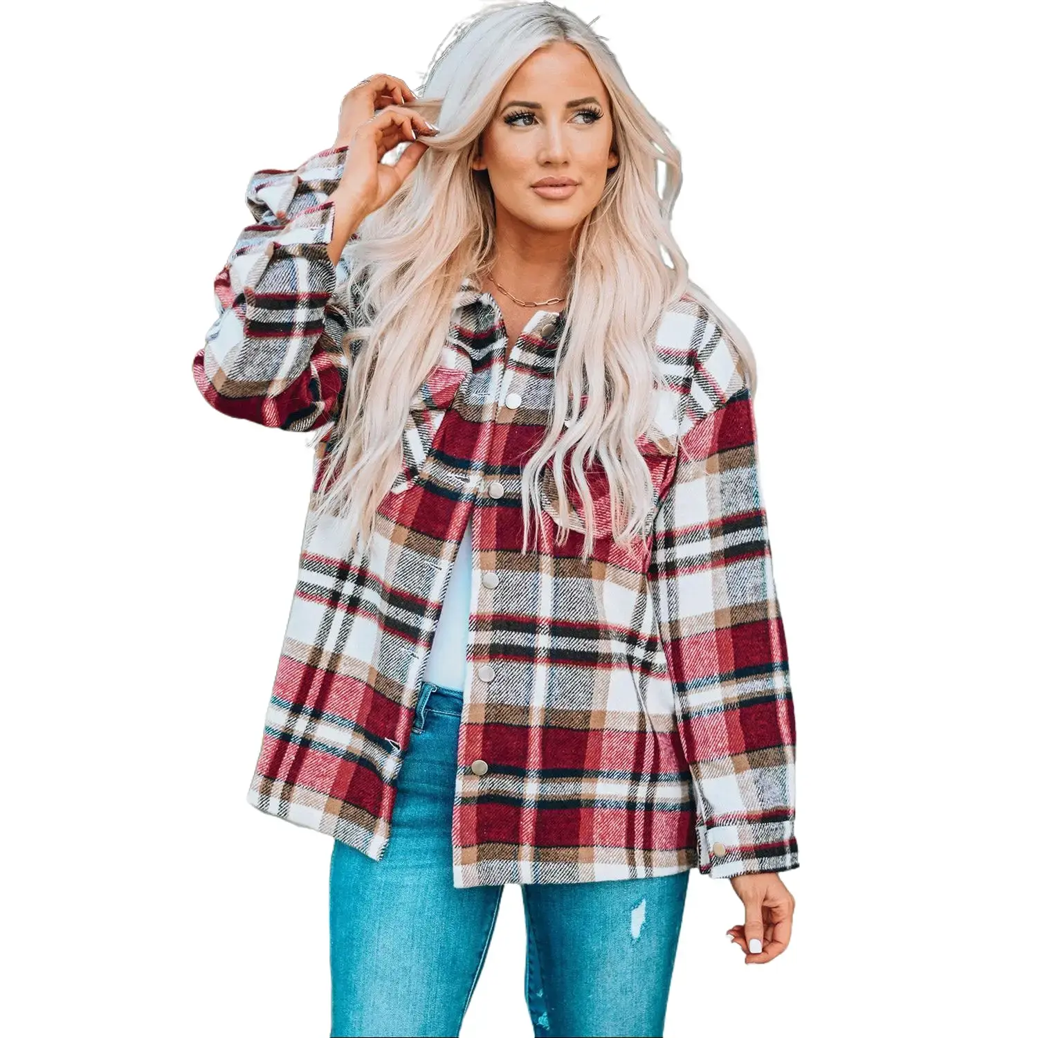 Fiery Red Geometric Plaid Print Pocketed Shacket