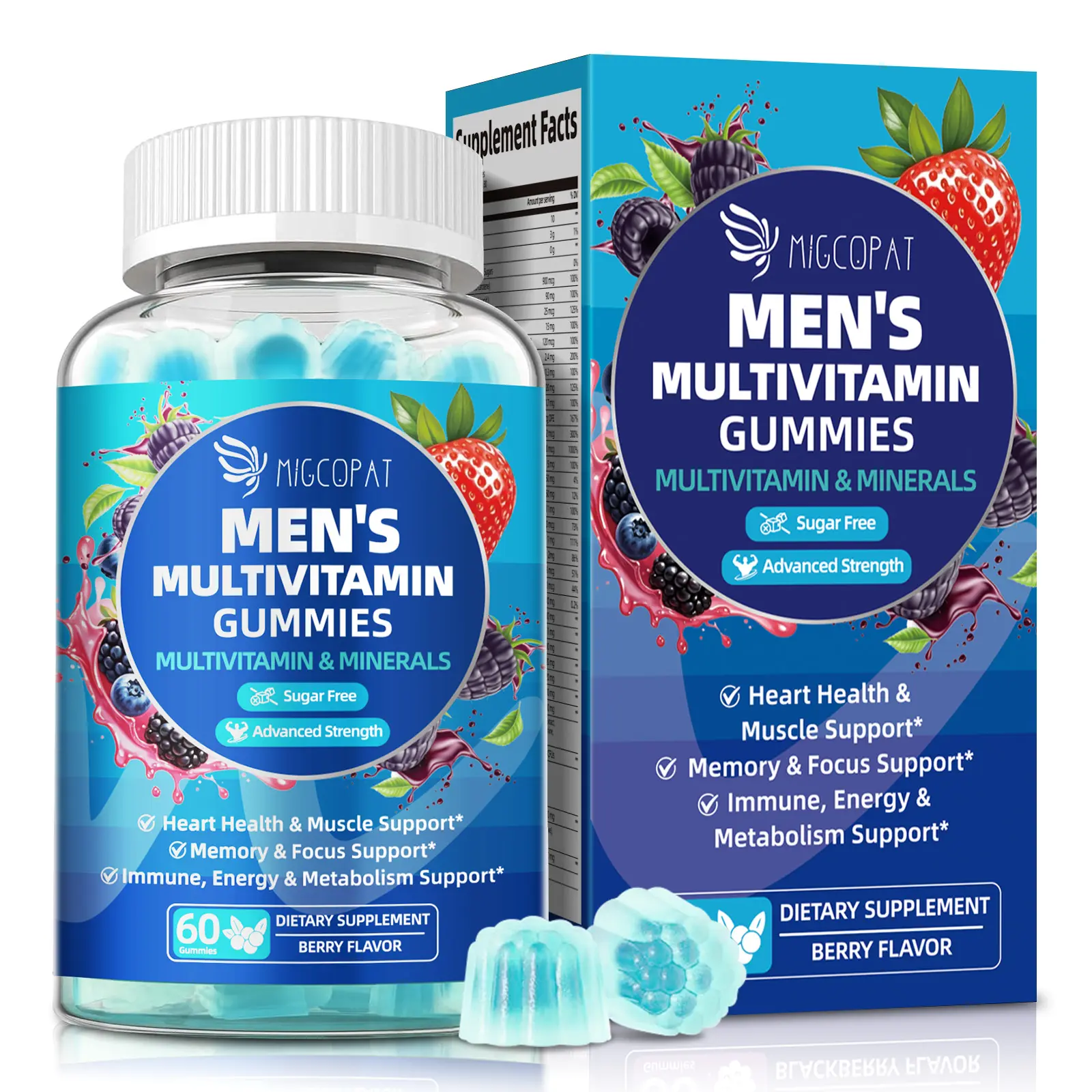 Migcopat Multivitamin for Men Gummies with Omega-3, Probiotics, Inositol, Folate, Biotin, Zinc & Vitamins A C D E B – Heart, Brain, Energy & Muscle Support – Sugar-Free Berry Flavor