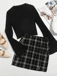 Women's Plaid Print Top & Skirt Two-piece Set, Elegant Fashion Casual Long Sleeve Top & Skirt for Daily Outdoor Wear, Women's Clothing for Spring & Fall