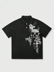 Gothic Skull Cross Polo Shirt, Vintage Skull & Baroque Print, Gothic Aesthetic Religious Elements, Daily Wear, Dark Fashion, Fitted
