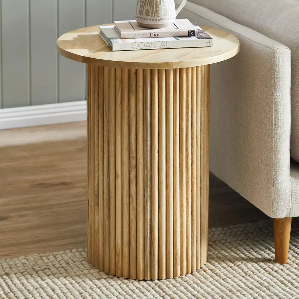 SHYFOY Fully Assembled Lightweight Round Top Wood End Table - 17.7x17.7x22 in, Fluted Base, Linear Texture, Easy-to-Clean, Farmhouse Rustic Modern MDF-Wood Side Table for Home Decor, Standing Desk Accent Flower Stand