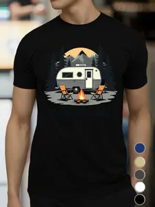 Men'S Vintage Camper And Happy Camping Graphic T-Shirt - Black Short-Sleeve Summer Top Featuring Designs of Campfires, Rvs, And Pine Trees, a Casual Crew Neck Tee Perfect for Outdoor Enthusiasts, Camping Shirt