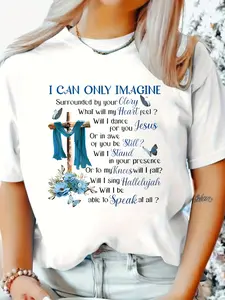 0-8XL Plus Size Women's Casual T-Shirt - "I Can Only Imagine" Inspirational Christian Graphic Tee with Cross, Birds & Floral Artwork, Short Sleeve Round Neck Summer Top, Machine Washable Faith-Based Apparel