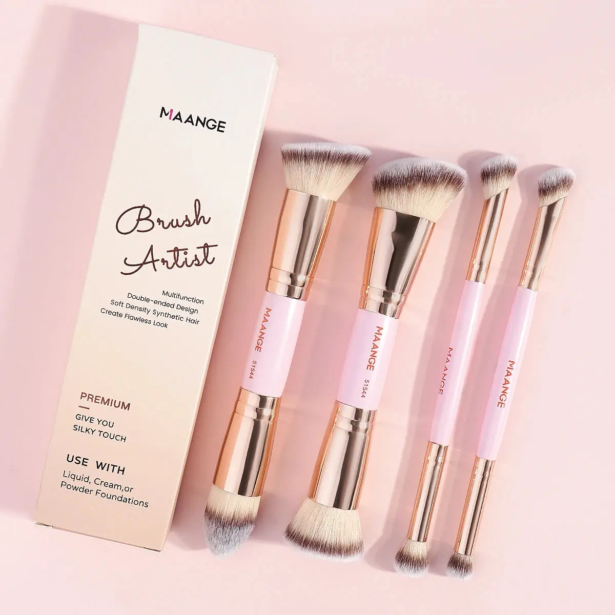 MAANGE 4-Piece Dual-Ended Makeup Brush Set with Travel Storage Box, Professional Beauty Tool Kit for On-the-Go Makeup Application