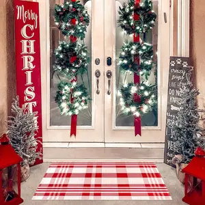Christmas Red and White Plaid Rug, 3'x5 'Area Rug Indoor Outdoor Rug Front Porch Doormat  Hand-Woven Farmhouse Layered Double Door Mats for Front Porch, Patio, Entryway, Laundry Room