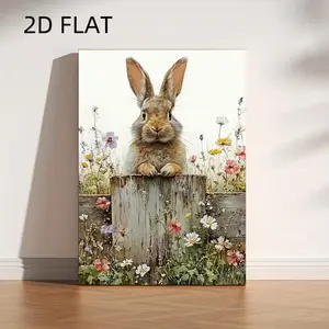 [2D Flat]1pc Sitting Easter Bunny HD Canvas Decorative Painting 11.8* 15.7inch (30* 40cm ) with Wooden Framing - Modern Spring Home Decoration, Can Be Directly Hung in Living Room, Bedroom