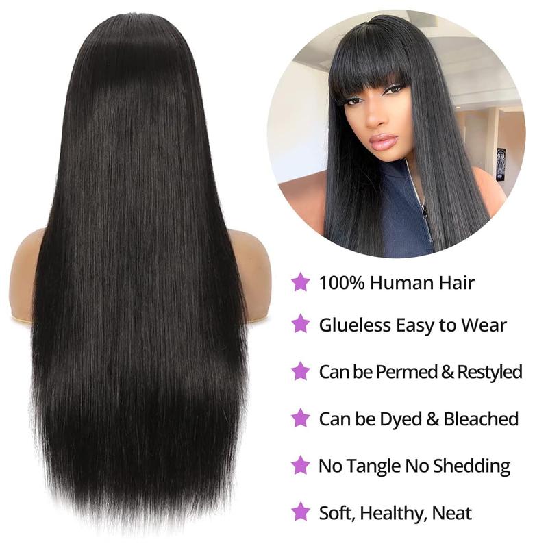 Straight Wigs Human Hair with Bangs 180% Density Brazilian Virgin Human Hair Wigs for Women Glueless Wigs Human Hair Machine Made None Lace Front Wigs Natural