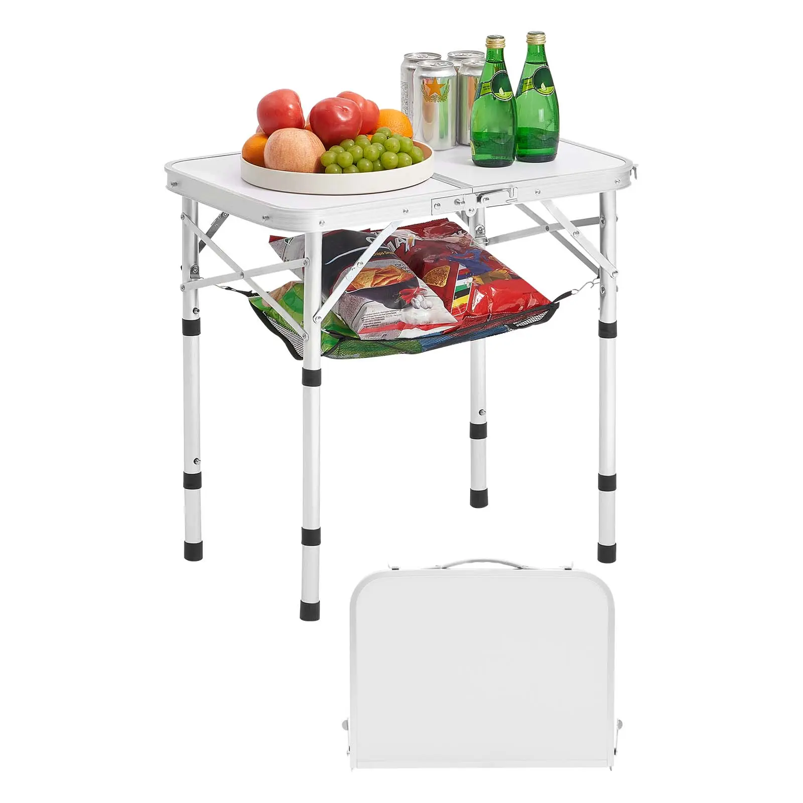VEVOR 24x16in Silver Folding Camping Set Tables - Adjustable Height Aluminum MDF Outdoor Table with Mesh Storage Layer, Built-in Handle, 66 lbs Capacity, Portable for Picnic BBQ Cooking#SohoChic