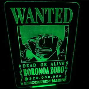 One Piece Roronoa Zoro Wanted Poster Led Sign for Desks or Display Decor, USB Powered for Collector Bedroom Bar Store Birthday Gifts Christmas Home