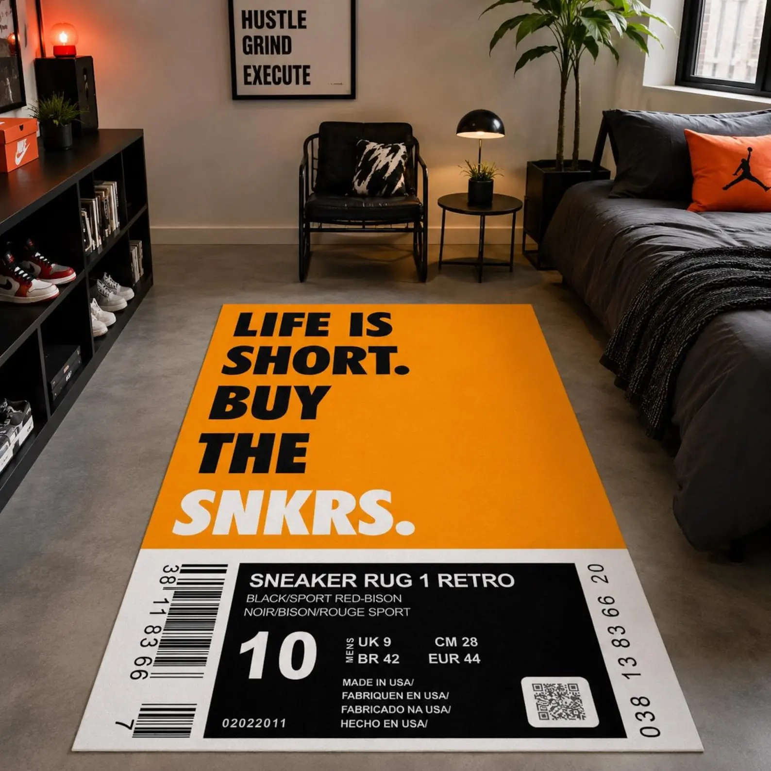 Streetwear-Style Area Rug with Shoe Box Label Accent - Sneakerhead Decor for Man Cave, Teen Boy Bedroom