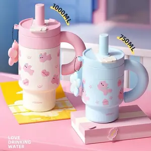 Kitty Bunny Pattern Water Bottle - 25oz/33oz, Portable Tumbler Cup, Mug Washable Drinkware Pink Blue Mint Purple  Reusable Bottled Beverage