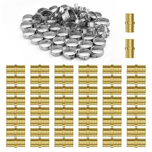 Pipe Fittings 1/2 Inch 50-Pack Brass Clamp-Style Straight-Through Connectors For Air Systems, Pneumatic Lines, And Plumbing Applications, Durable Brass Construction, Easy Installation, High-Quality Inline Fittings