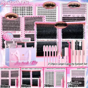 2124Pcs Lash Extension Set, Eyelash Extensions Kit, Mixed Styles DIY Individual Lashes, 30D-120D, Spike Lashes 9-18mm, D Curl Fluffy Eyelash Kit with 2 Bond & Seal, Remove, Tweezers and 5 Brushes, Easy to Apply for Beginners, Christmas, Valentine's Day